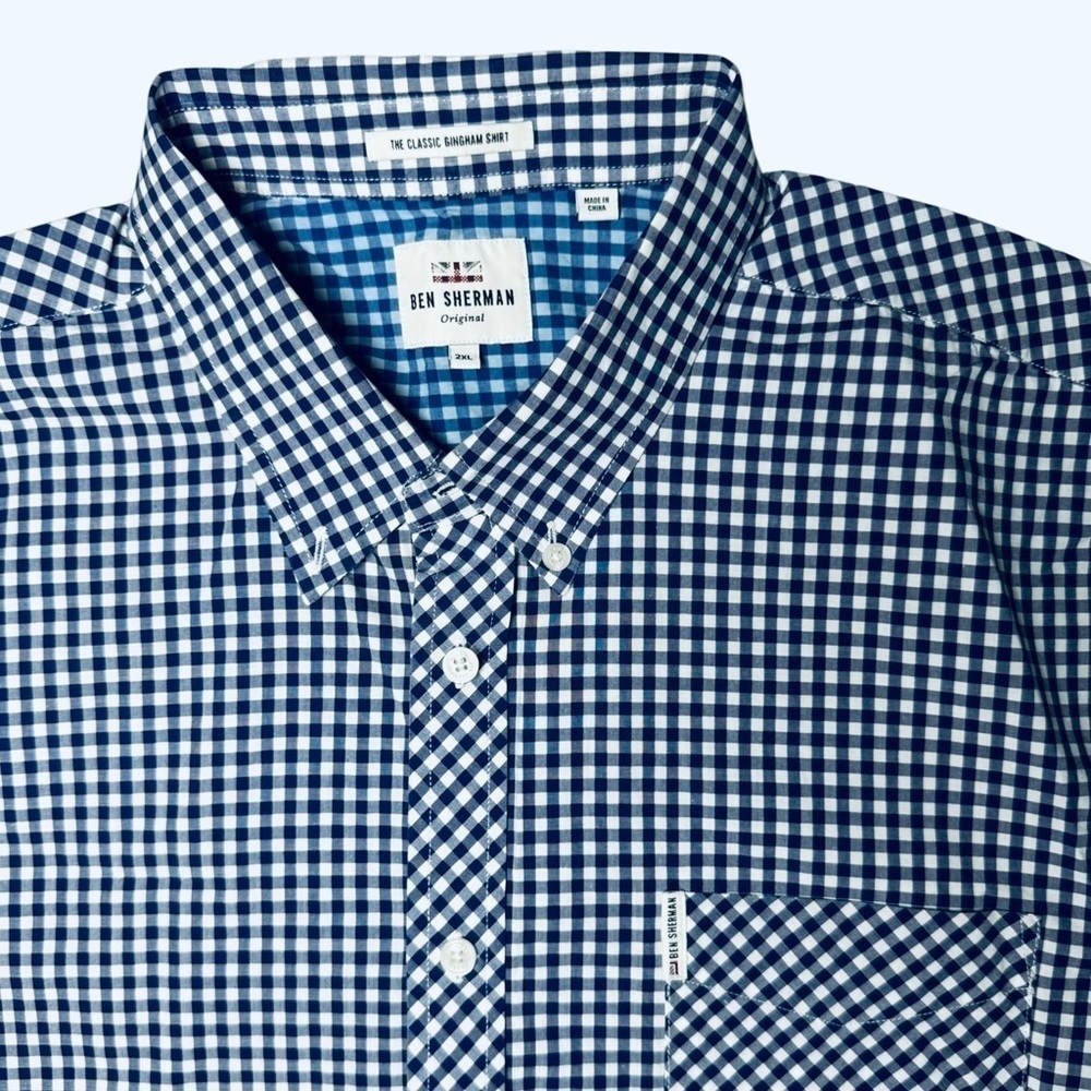 Ben Sherman Men’s 2XL Classic Gingham Check Button Down Shirt Blue White Cotton - Picture 3 of 6
